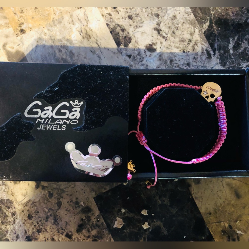 GaGa Milano iconic skull anklet bracelet Pink Braided nylon Brass jewele…